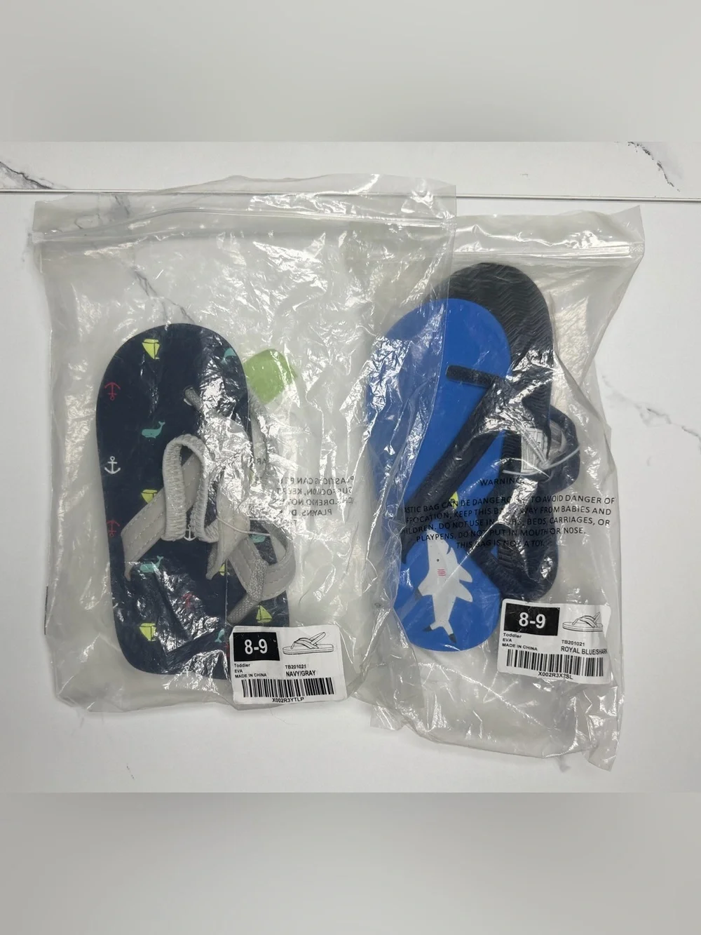 Kids Blue Shark and Navy Anchor Flip Flop Sandals